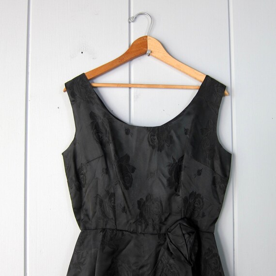 60s Black Sateen Party Dress: Embossed Floral Rose Print, Audrey Hepburn Style View 5