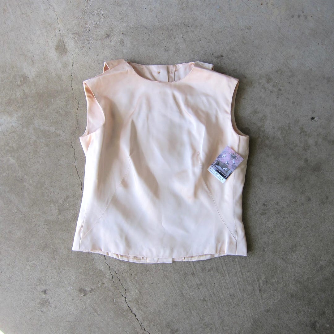 50s Sleeveless Satin Blouse Minimal Ivory Back Button Top With Ascot ...