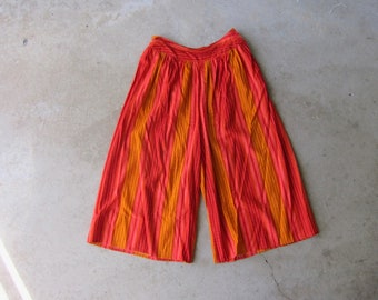 70s Wide Leg SILK Fabric Palazzo Pants | Modern Orange Pink Striped Culottes Shorts | Vintage Cropped Capri Shorts - Carole Little