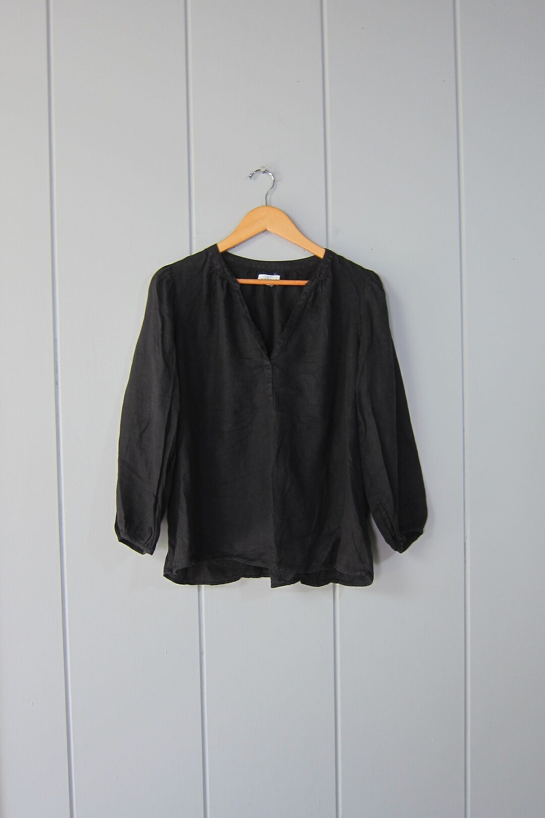 Black Linen Peasant Blouse 00s Vintage Pullover Caftan Top Modern Black — free download