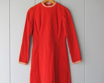 60s Orange Velvet Mini Dress: Vintage Mod Crochet Trim