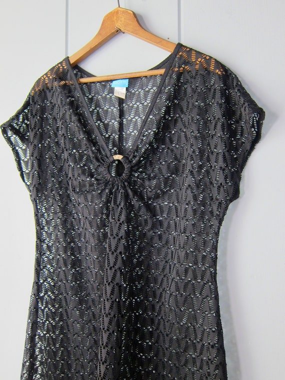 Black Open Knit Coverup Dress | 90s Cutwork Beach… - image 4