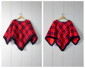 70s Plaid Tartan Poncho | Vintage Fringed Wool Knit Pullover Shawl | Thick Knit Red Blue Quilted Cape