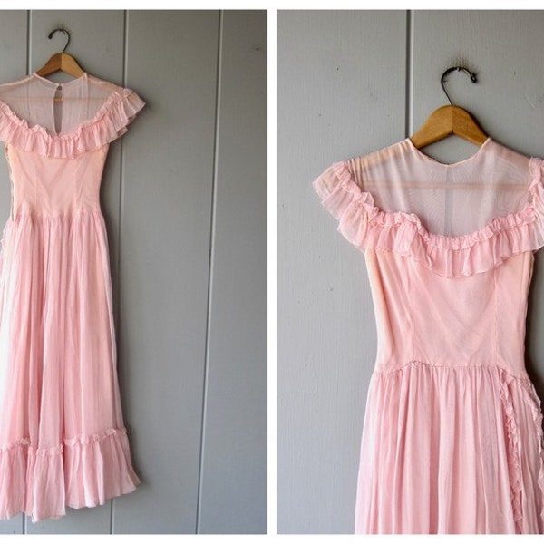 1960s Pink Chiffon Romantic Dress | Ruffled Princess Dress | Vintage Layered Fairy Tale Gown | Sheer Mesh Wedding Dress