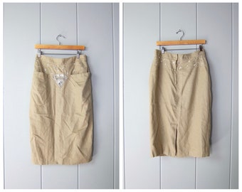 90s City Chao Couture Linen Pencil Skirt | High Waist Beaded Sequins Glam Flax Skirt | Modern Long Linen Pocket Skirt