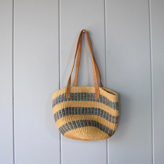 Vintage Colorful Jute Bag | Leather Shoulder Stra… - image 4