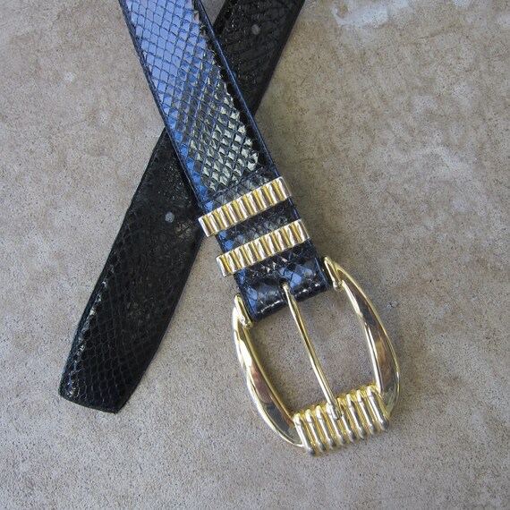 80s Black Real Snake Skin Leather Belt | Vintage … - image 3