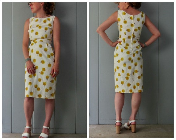 40s Wiggle Dress | White Chartreuse Printed Dress