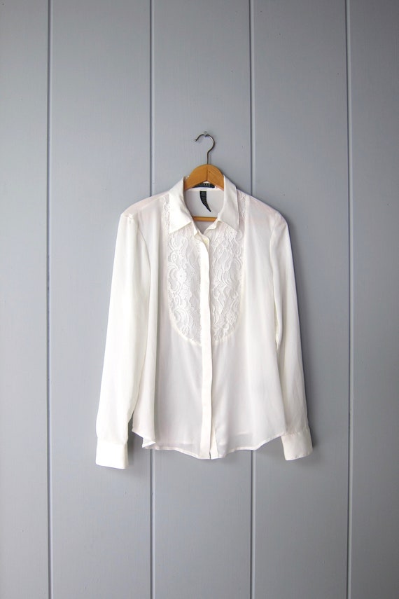 Long Sleeve White Lace Blouse | 90s Ralph Lauren L