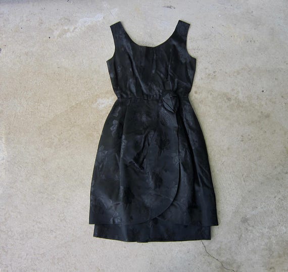 60s Black Sateen Party Dress: Embossed Floral Rose Print, Audrey Hepburn Style
