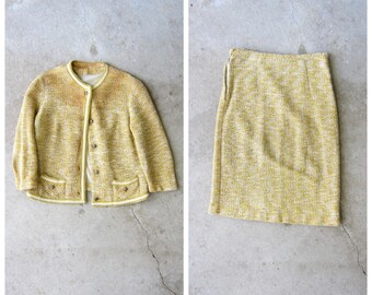 50s 60s Yellow Knit Sweater Set | Woven Knit Jacket Top & Matching Pencil Skirt | Woven White Yellow Knit Set - MAQ