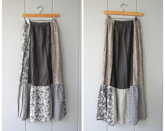 Jackie Loves John Midi Skirt | Vintage Long Grey Black Silk Rayon Cotton Patchwork Skirt | Checkered Floral Print Boho Skirt