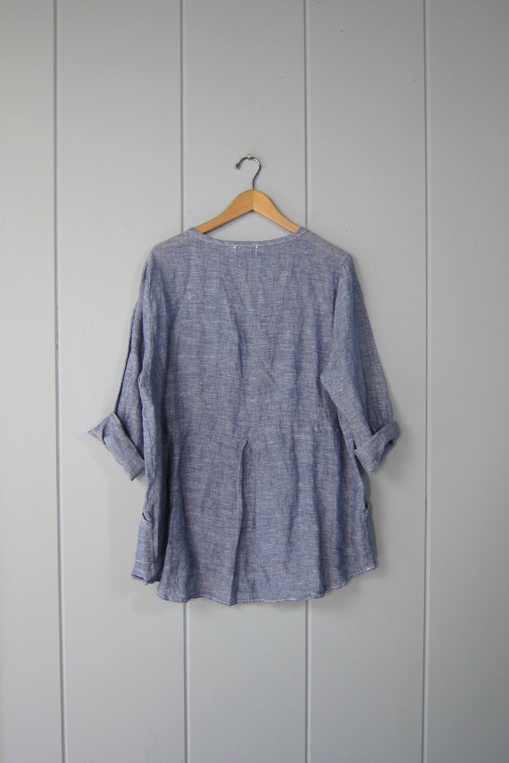 Oversized Denim Blue Linen Pullover Shirt | 90s L… - image 4