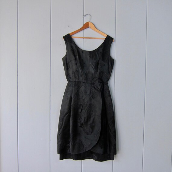 60s Black Sateen Party Dress: Embossed Floral Rose Print, Audrey Hepburn Style View 4
