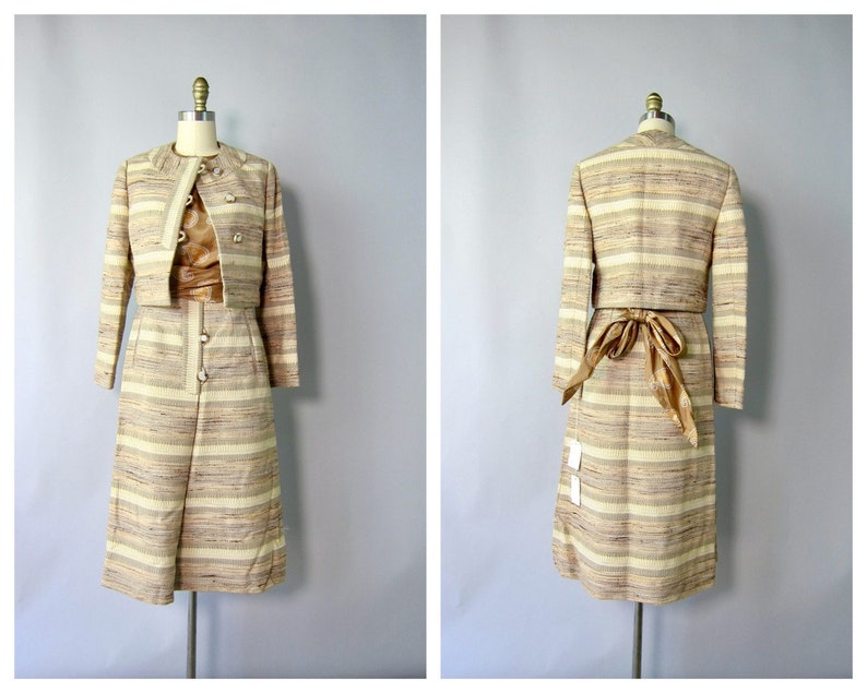 Vintage 70s Bill Blass Matching Three Piece Set Woven Silk & Wool Suit Women's Designer Blouse, Top and Skirt FRENCH ROOM Deadstock CJ image 2