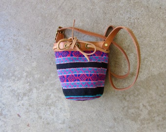 Vintage Guatemala Hand Made Colorful Woven Purse | Ethnic Brown Leather Shoulder Bucket Bag | Vintage Small Pouch Weave Bag