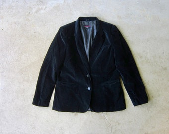 80s Black Velvet Blazer Jacket | Vintage Plush Velvet Blazer | Small Fitted Women's Fall Jacket
