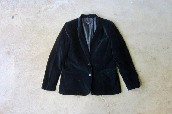 80s Black Velvet Blazer Jacket | Vintage Plush Ve… - image 1