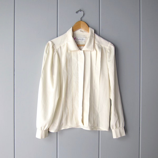 80s White Secretary Blouse | Vintage Modern Box Pleat Preppy Shirt | Chaus Long Sleeve Cream Blouse
