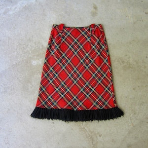 60s Tartan Mini Skirt | Vintage Wool Blend Fringe Skirt | High Waist School Girl Pencil Skirt