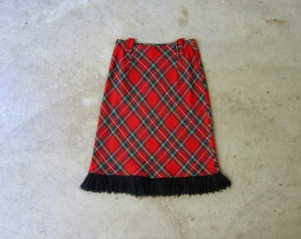 60s Tartan Mini Skirt | Vintage Wool Blend Fringe Skirt | High Waist School Girl Pencil Skirt