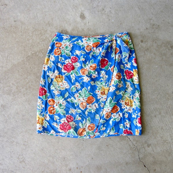 90s Silk Floral Print Skirt | Colorful Blue Red Orange Print Mini Skirt | Modern Tropical Silk WRAP Skirt