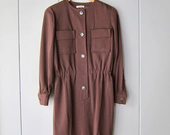 80s Bill Blass Wool Shirtdress: Brown Safari Tunic with Pockets