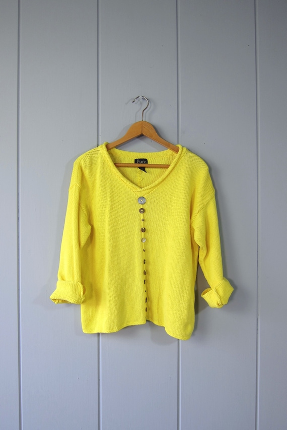 Hand Knit Yellow Cotton Sweater | Button Decor Sw… - image 1