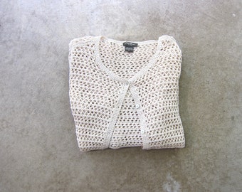 Cardigan en tricot au crochet des années 90 | Haut boutonné couleur avoine | Cardigan en tricot ajouré en coton léger
