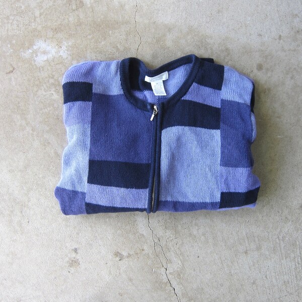 90s Zip Up Sweater | Linen Cotton Purple Color Block Cardigan Sweater | Vintage Modern Zipper Spring Sweater