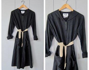 Robe chemise en lin noire des années 80 Jeanne Engelhart toutes saisons ample robe de tous les jours Robe boutonnée en lin avec poches et col marin
