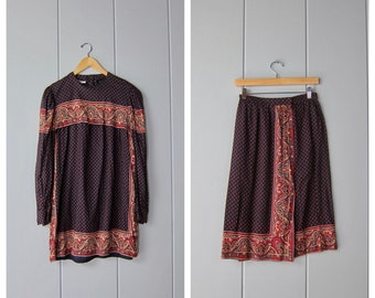 70s Matching Top & Skirt Set | Indian Festival Peasant Print Tunic Skirt | Bohemian Bill Blass Printed Blouse Wrap Skirt CJ