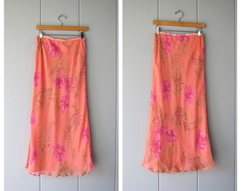 Bonita falda de jardín de seda de los años 90 / falda midi con estampado floral rosa naranja / falda de seda con dobladillo con volantes / falda de cóctel de verano de seda melocotón