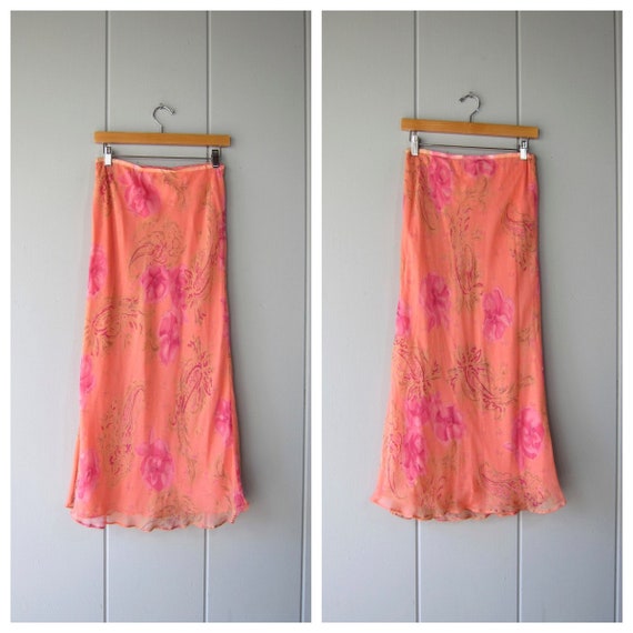 Pretty 90s Silk Garden Skirt | Orange Pink Floral 