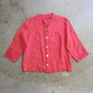 Coral Orange Red Linen Blouse | 90s Ivy Quarter Sleeve Button Up | Linen Floral Embroidered Shirt with Shell Buttons - large