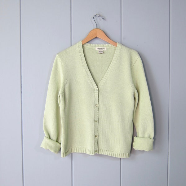 90s Button Up Cotton Sweater | Preppy Eddie Bauer Cardigan Sweater Top | Long Sleeve Soft Celery Green Spring Sweater