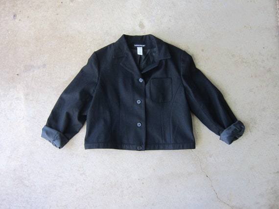 80s Black Wool Jacket | Modern Button Up Cropped C