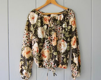 70s Metallic Floral Blouse | Long Billow Sleeve Sparkle Top | Romantic Black Orange Green Gold Flower Print Shirt
