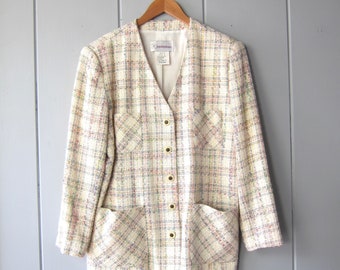 80s Oversized Plaid Tweed Blazer | Modern White & Rainbow Pastel Jacket | Preppy Business Women's Blazer Coatb hn