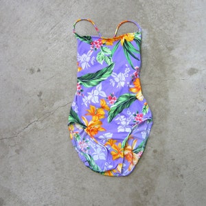 90s Floral Print One Piece Swim Suit | High Waist Colorful Flower Swimsuit Set | Tropical Lace Up Back Swimsuit