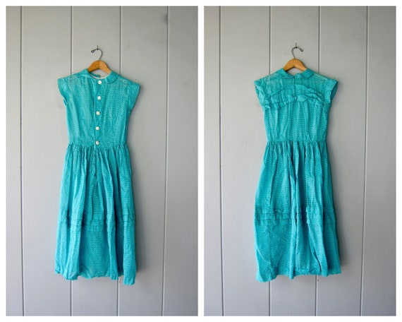 Green & White Swiss Dot 50s Dress | Button Up Hou… - image 1