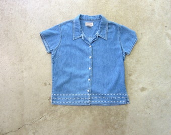 Kurzarm-Denim-Top | 90er Jahre Vintage 90er Jeanshemd | Blaues Jeanshemd mit Blumenknöpfen