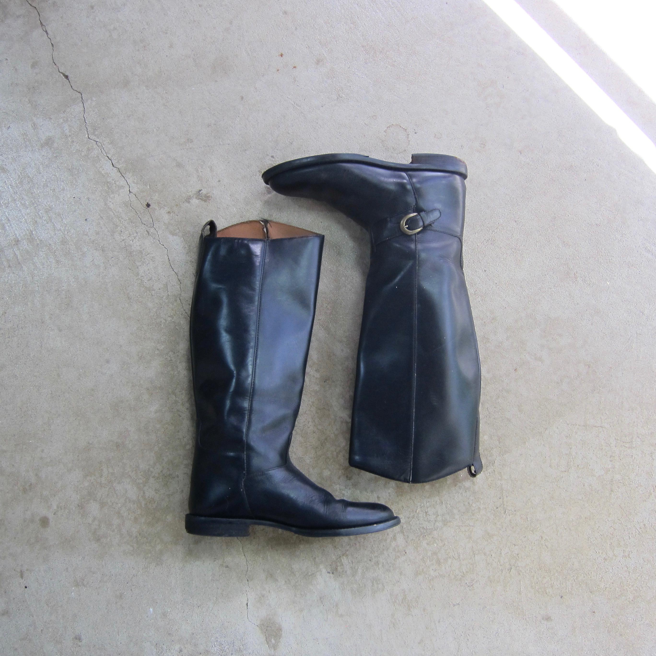 90s Tall Black Leather Boots | Vintage Pull up Riding Boots