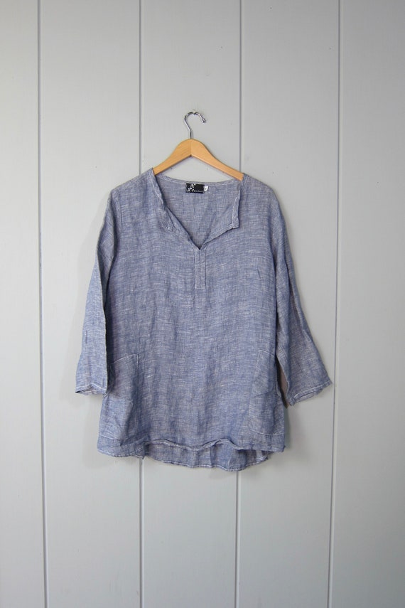 Oversized Denim Blue Linen Pullover Shirt | 90s L… - image 2