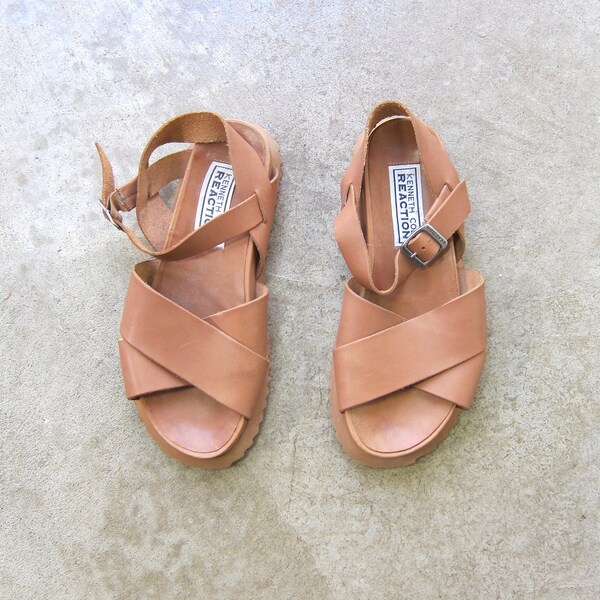 90s Brown Strap Leather Sandals | Kenneth Cole Reaction Tractor Sandals | Thick Chunky Leather Ankle Strap Sandals - Size8.5