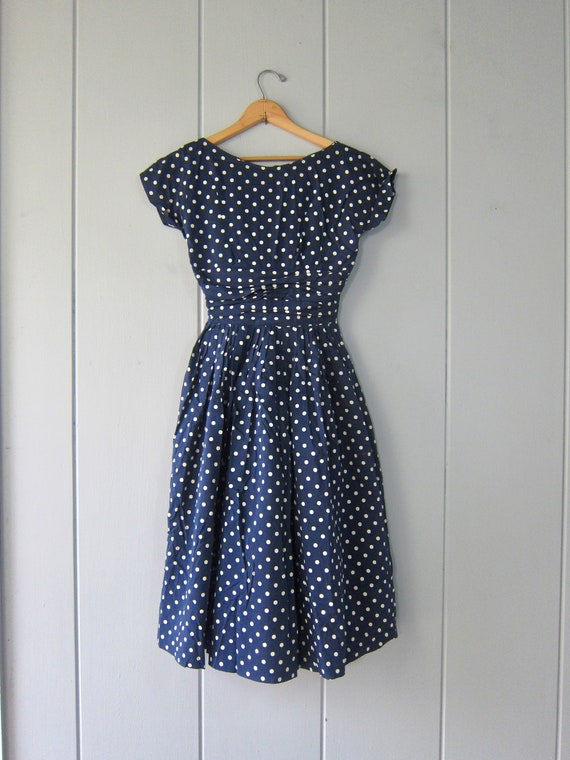 50s Blue White Polka Dot Day Dress | Vintage 1950… - image 2