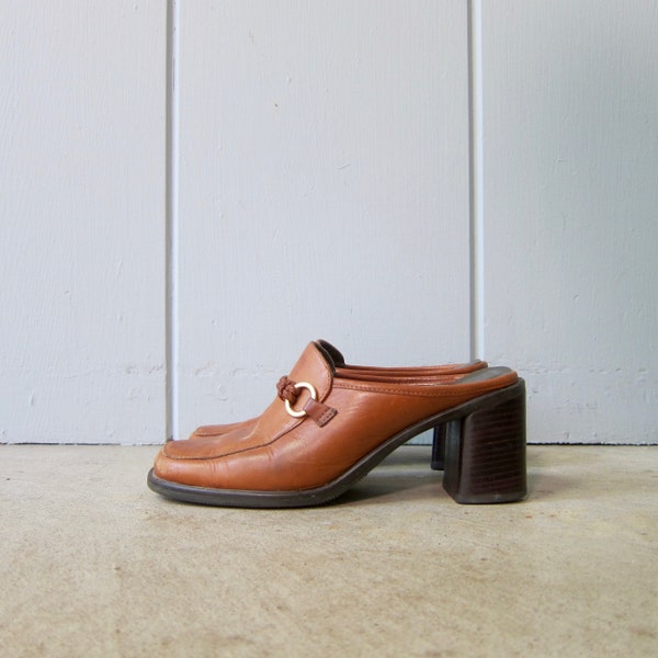 90s Brown Leather Mules | Modern Brown Leather Slip On Sandals | Chunky Open Heels Minimal Mules 6.5