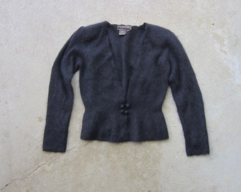 Black Lambswool & Angora Sweater | 80s Modern Vneck Cardigan Sweater | Vintage Long Sleeve Fuzzy Soft Sweater Top