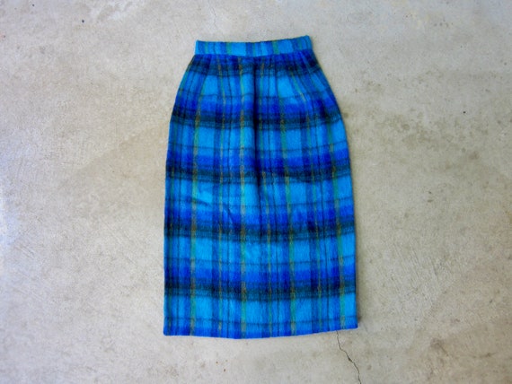1960s Mohair Wool Pencil Skirt Blue Yellow Black Plaid Skirt