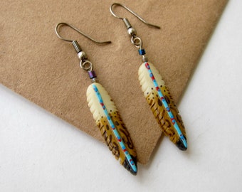 Feather Drop Earrings, 70s Southwestern Bird Feather Earrings
